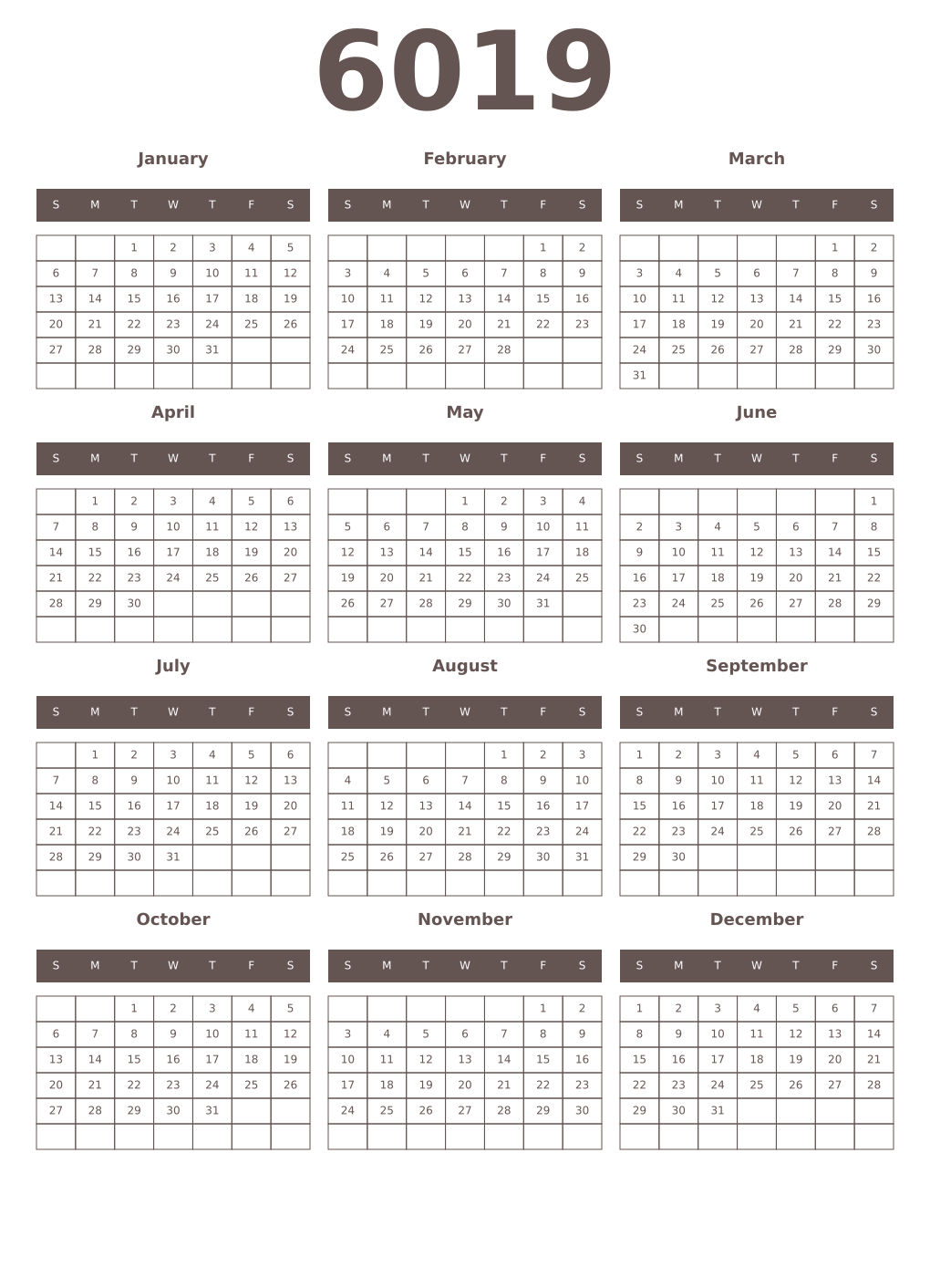 Printable 6019 Year Calendars wenge