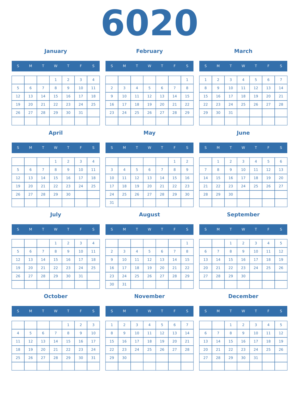 Printable 6020 Year Calendars blue