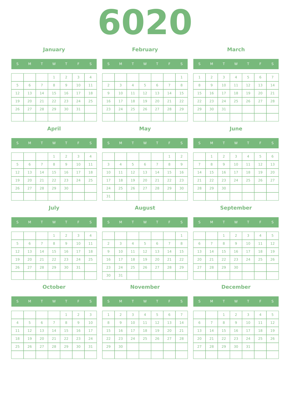 Printable 6020 Year Calendars celadon