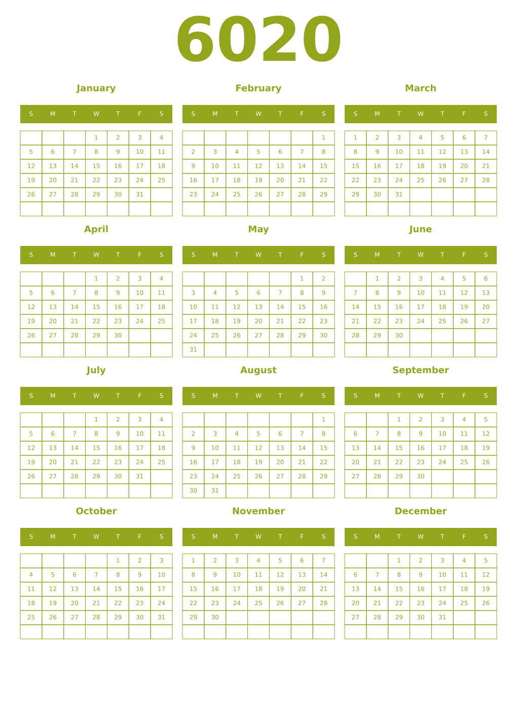 Printable 6020 Year Calendars chartreuse