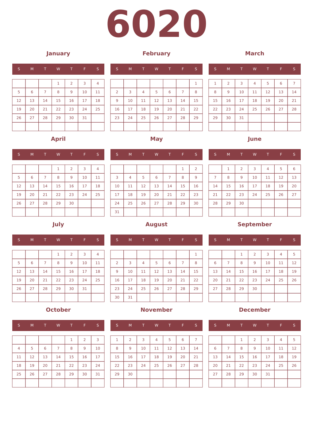 Printable 6020 Year Calendars cordovan