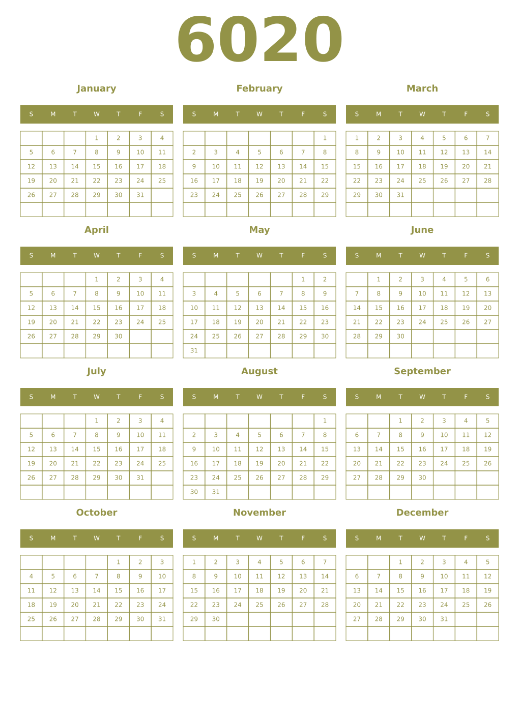 Printable 6020 Year Calendars eburnean