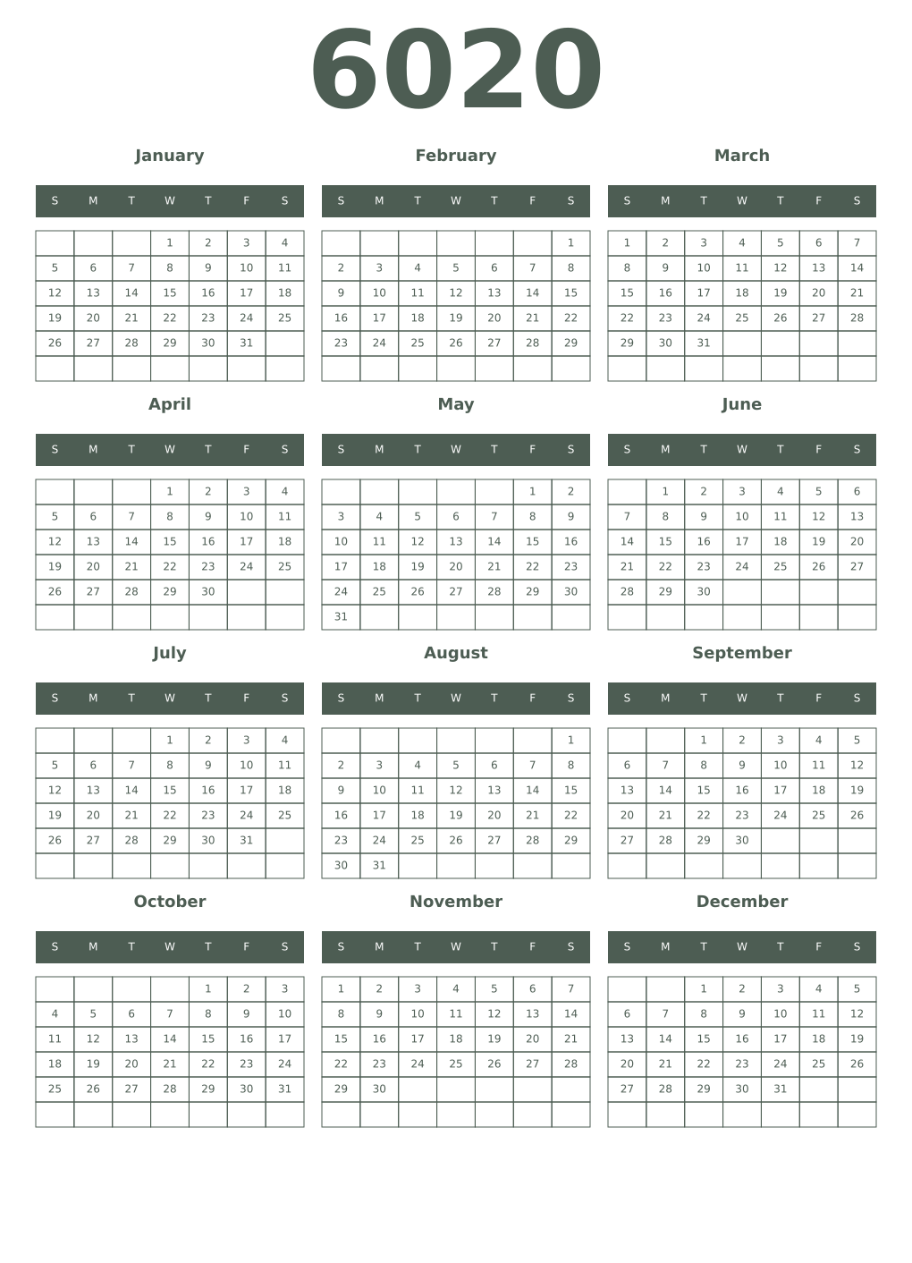 Printable 6020 Year Calendars feldgrau