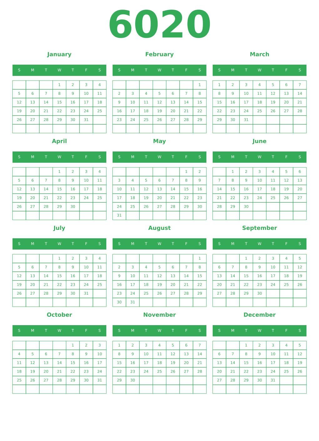 Printable 6020 Year Calendars green