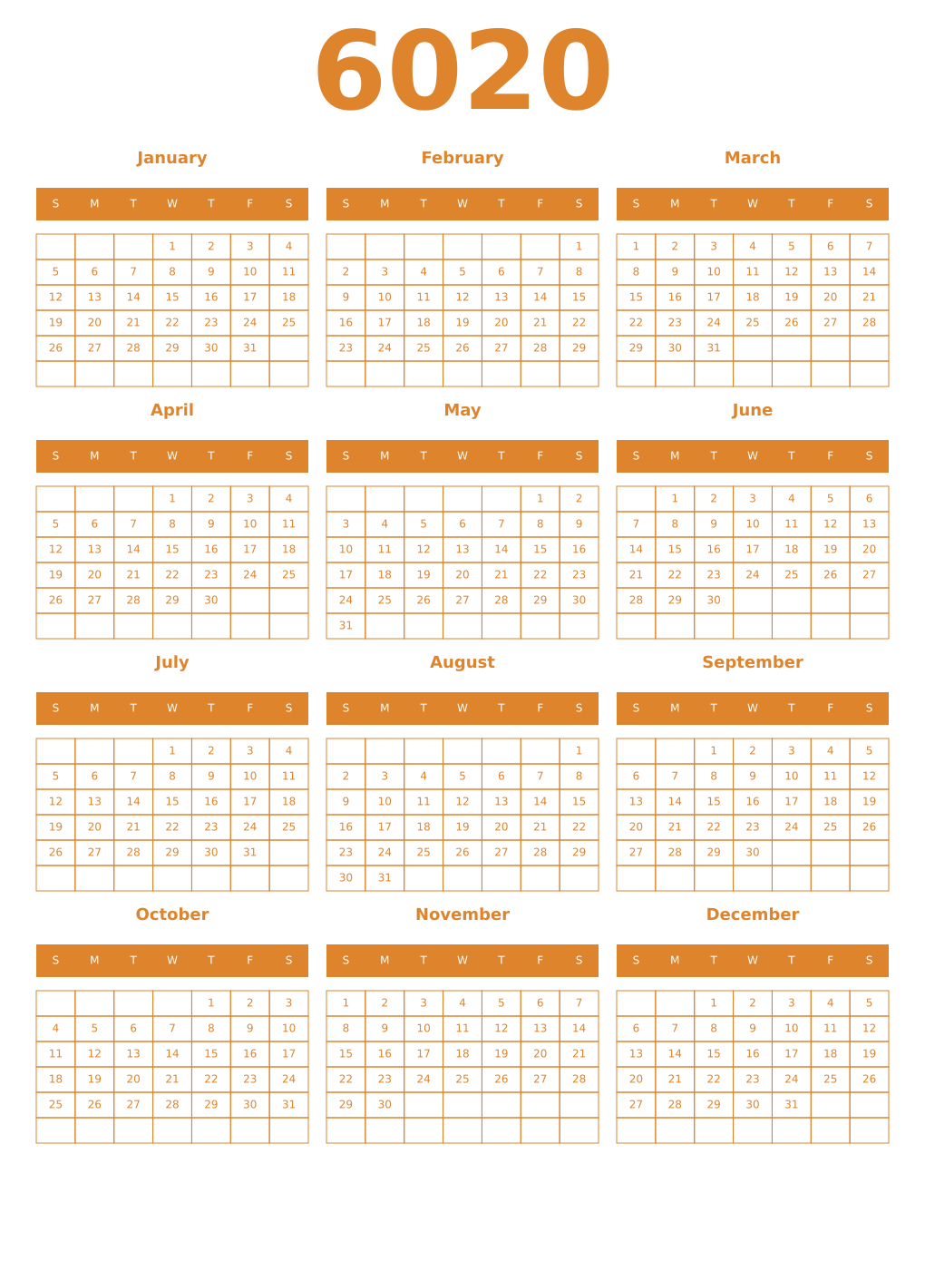 Printable 6020 Year Calendars orange