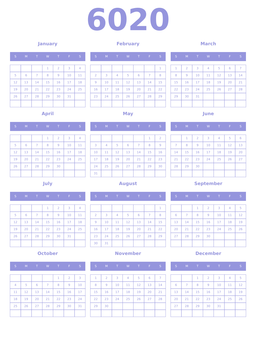 Printable 6020 Year Calendars periwinkle