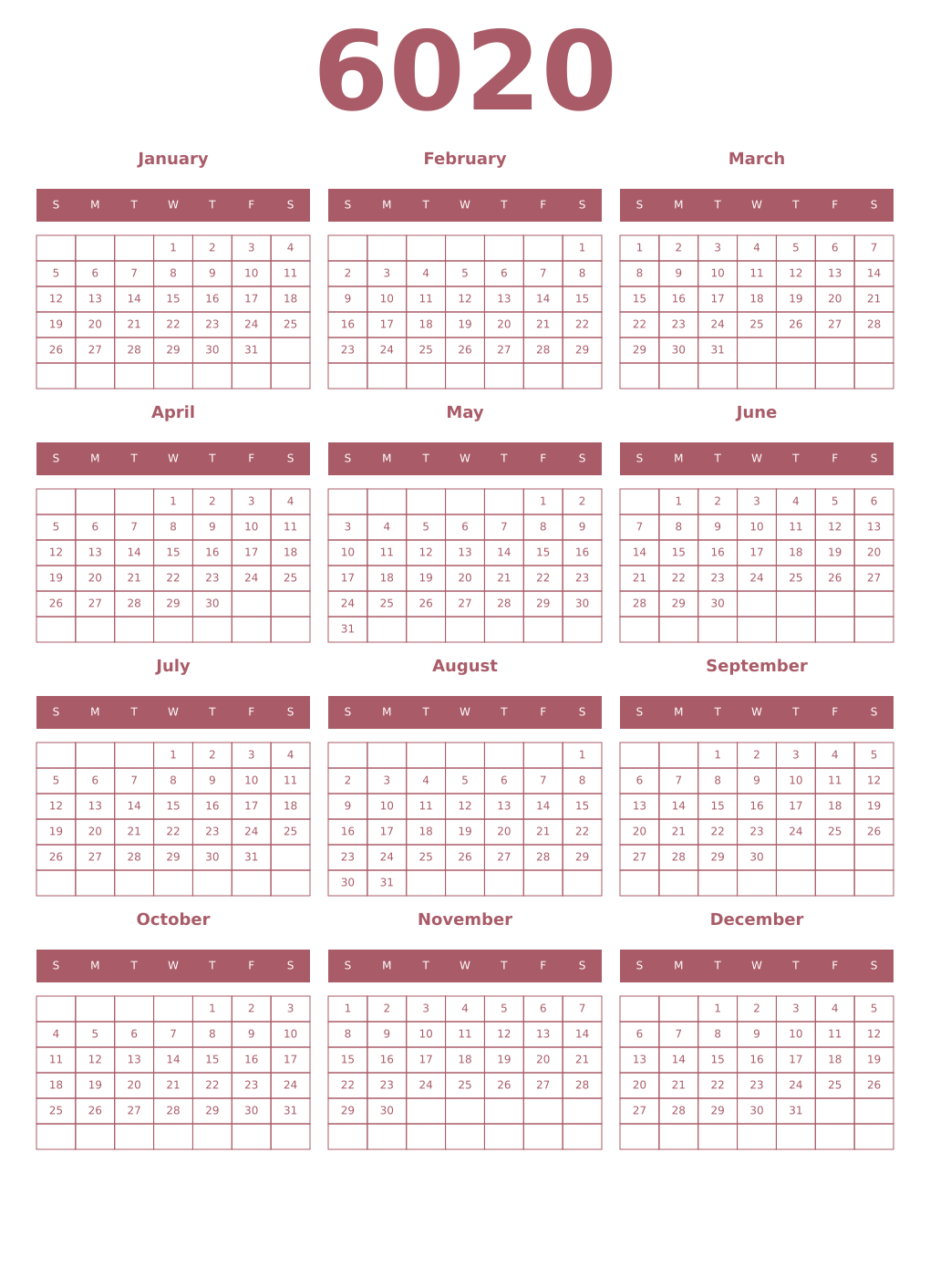 Printable 6020 Year Calendars puce