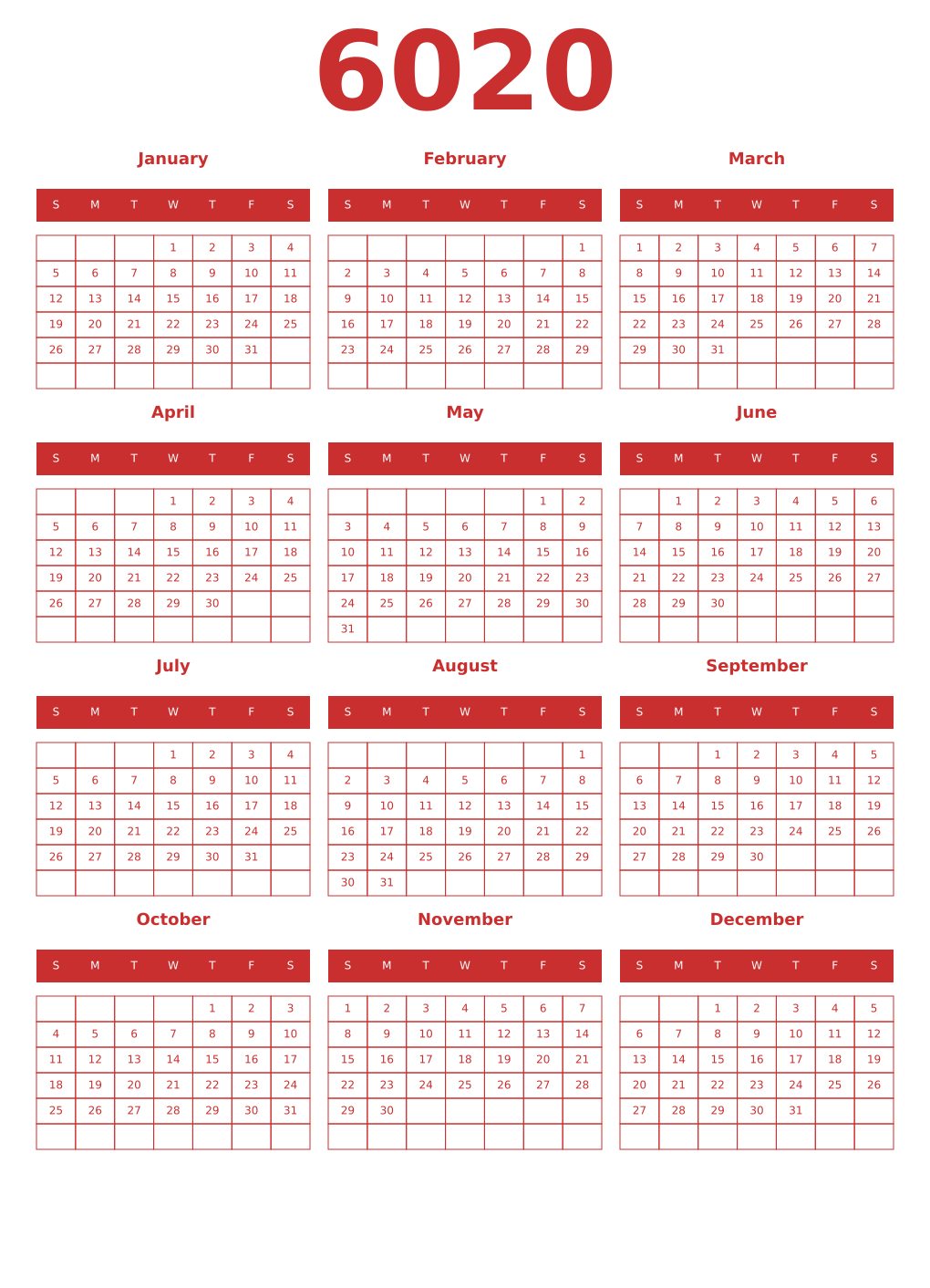 Printable 6020 Year Calendars red