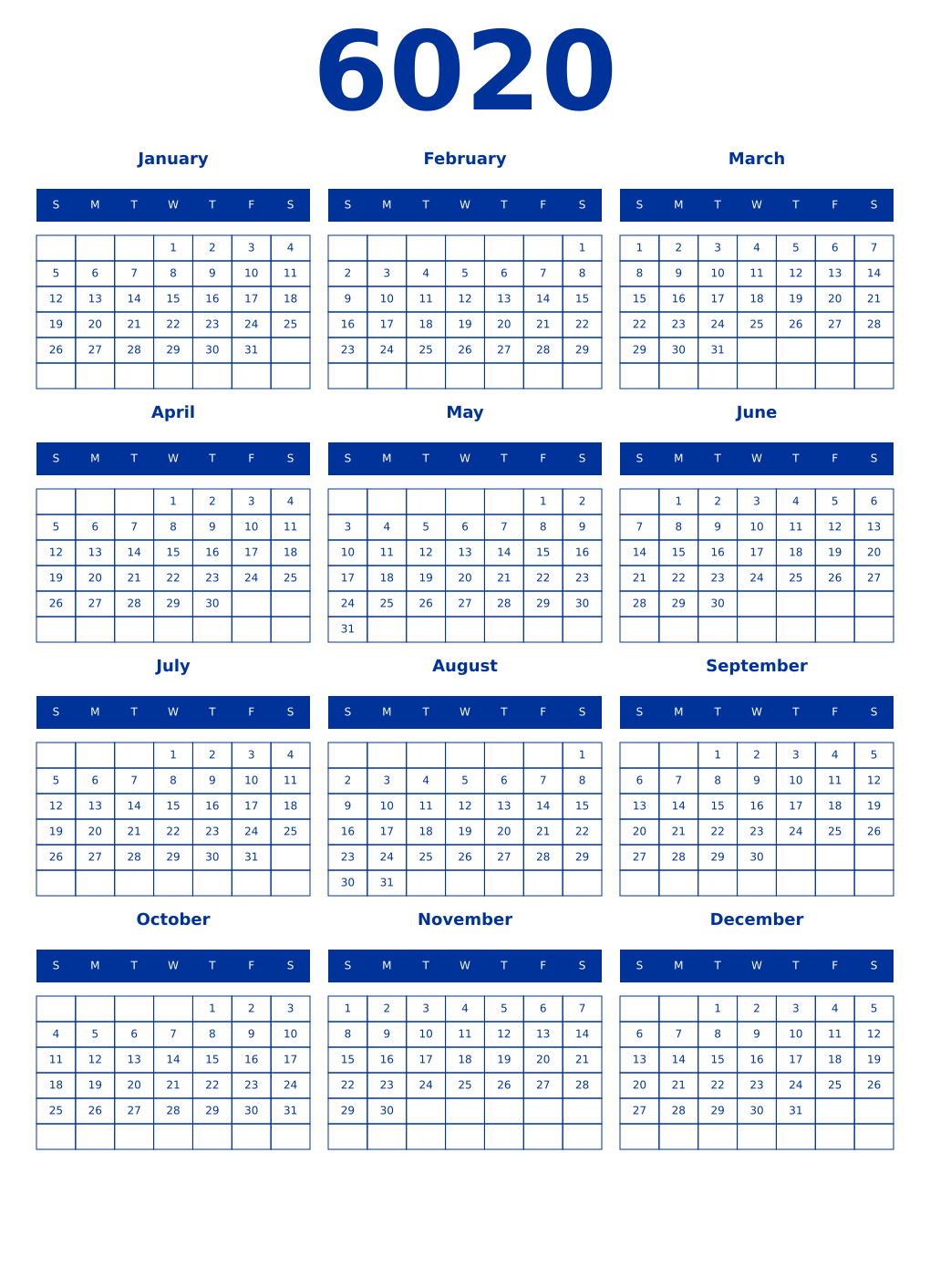 Printable 6020 Year Calendars smalt