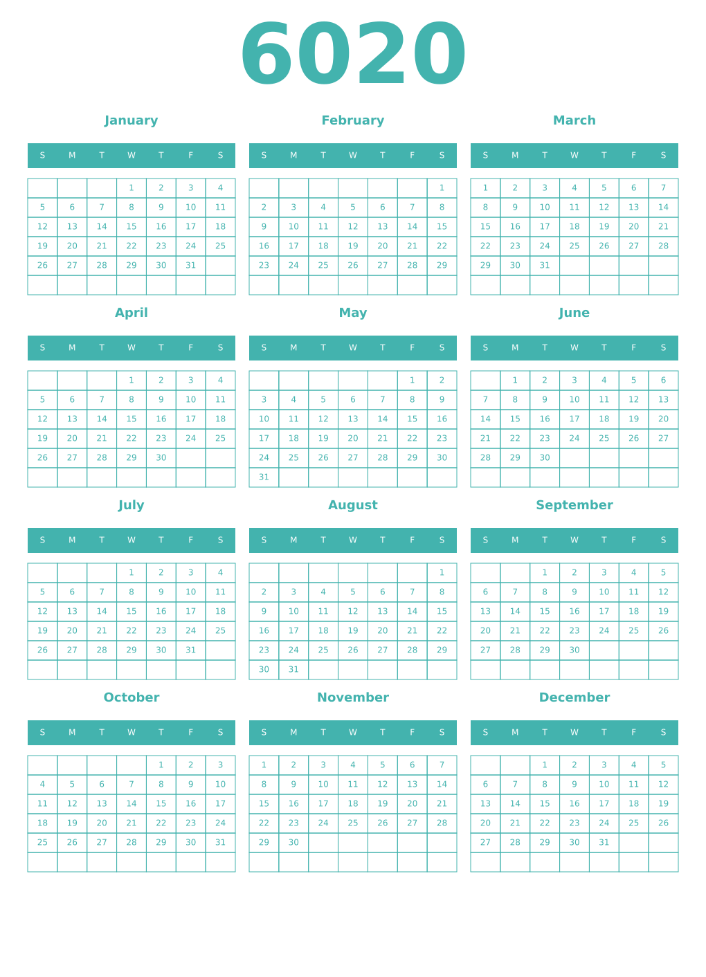 Printable 6020 Year Calendars verdigris