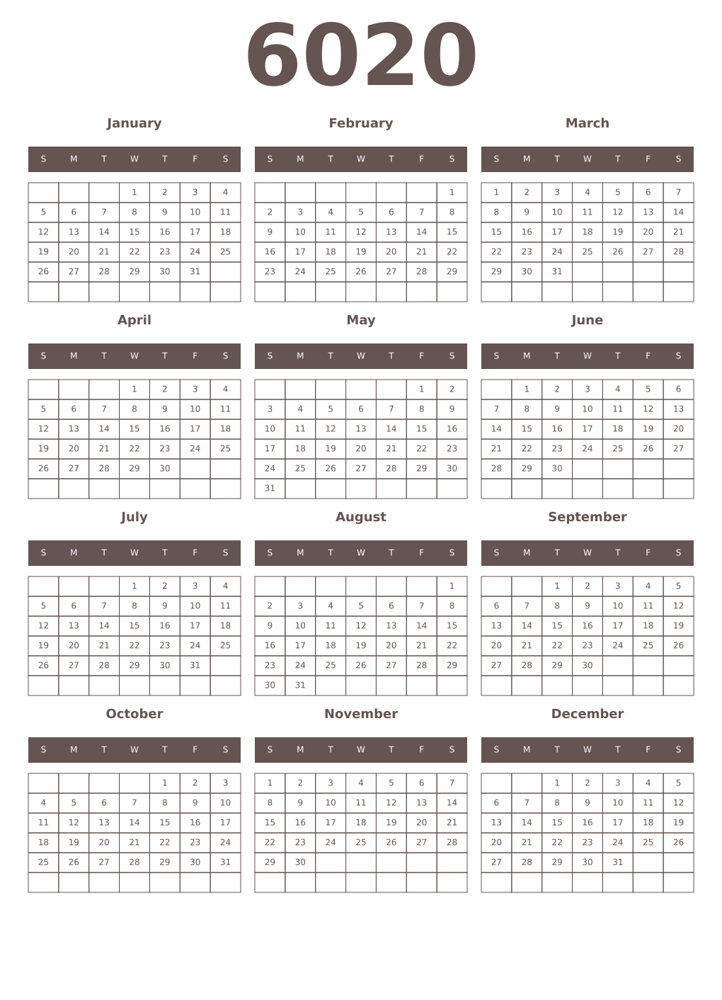 Printable 6020 Year Calendars wenge