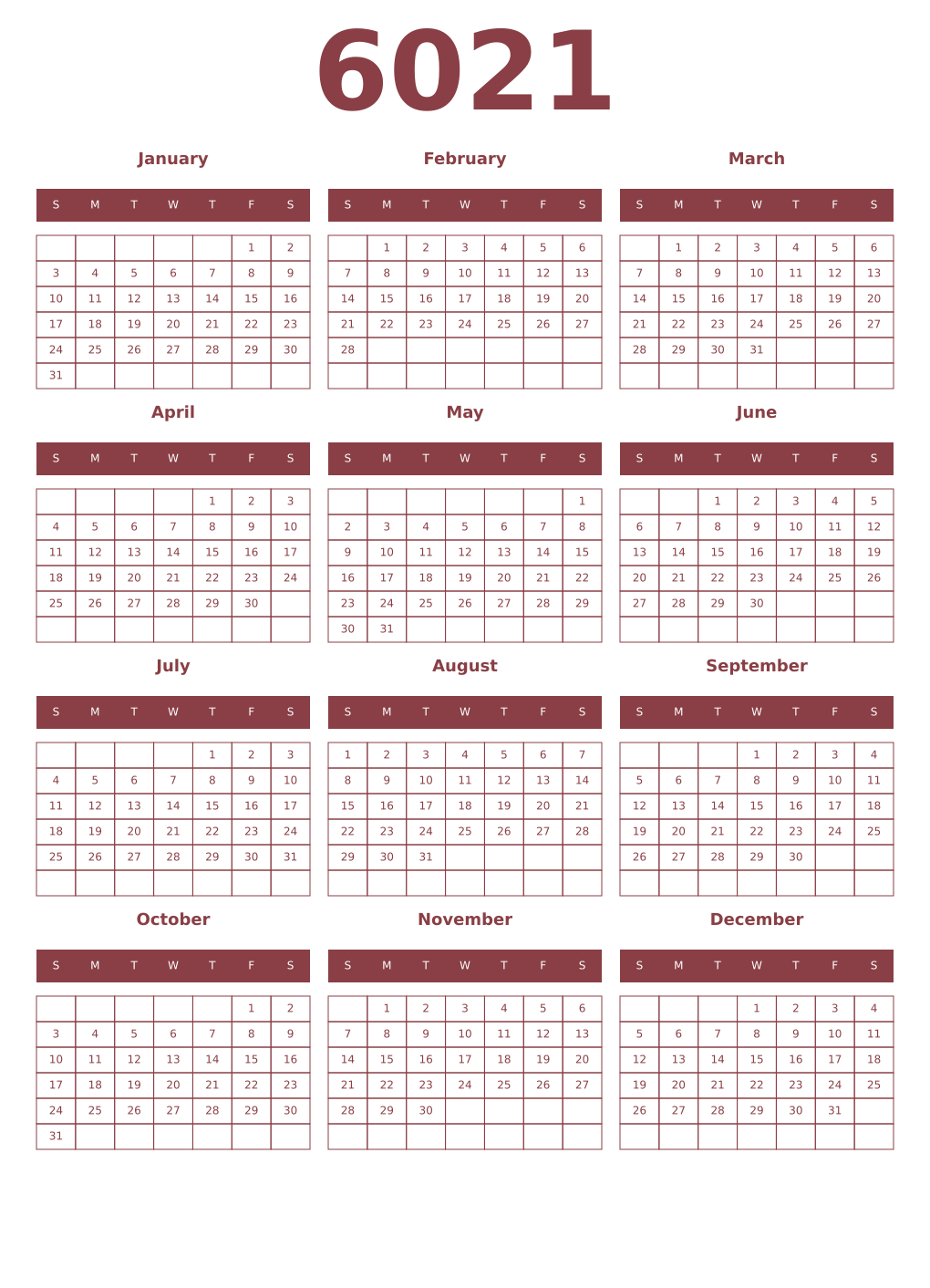 Printable 6021 Year Calendars cordovan