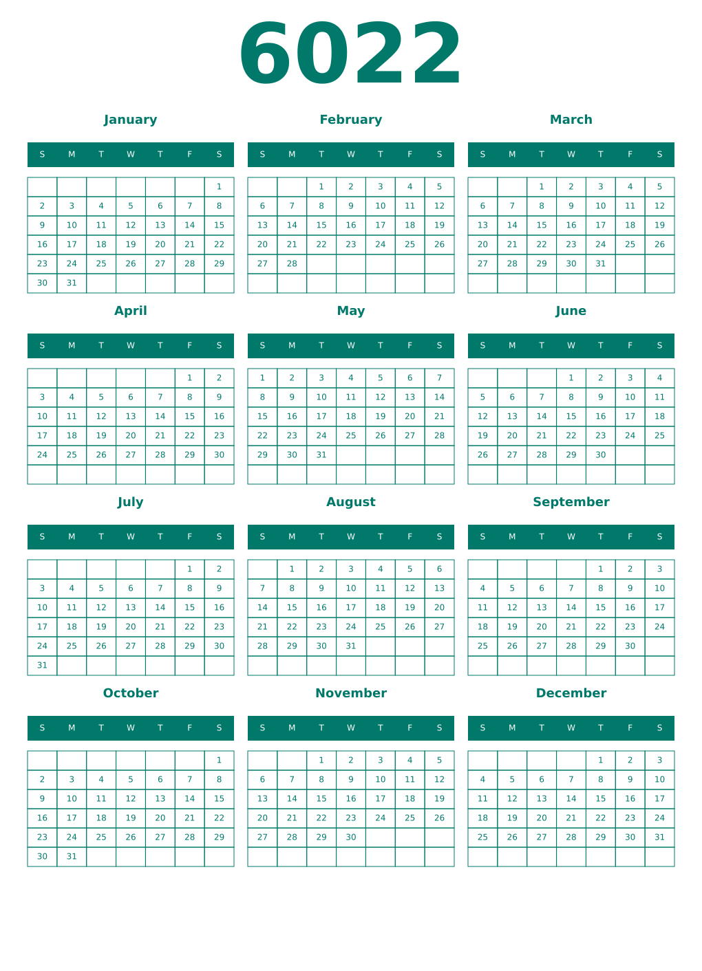 Printable 6022 Year Calendars pastel