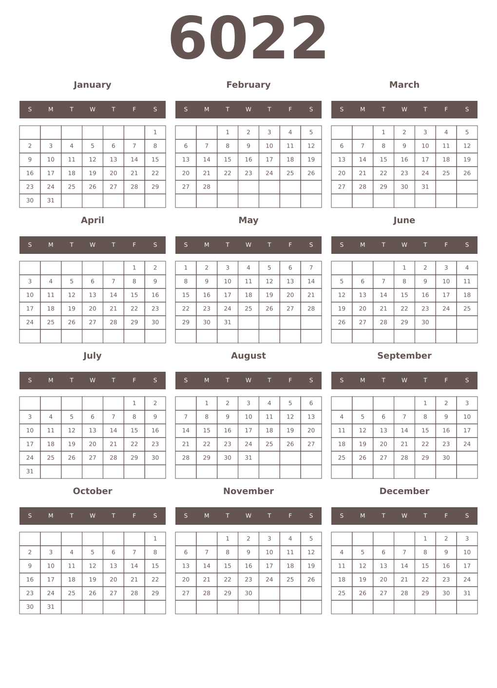 Printable 6022 Year Calendars wenge