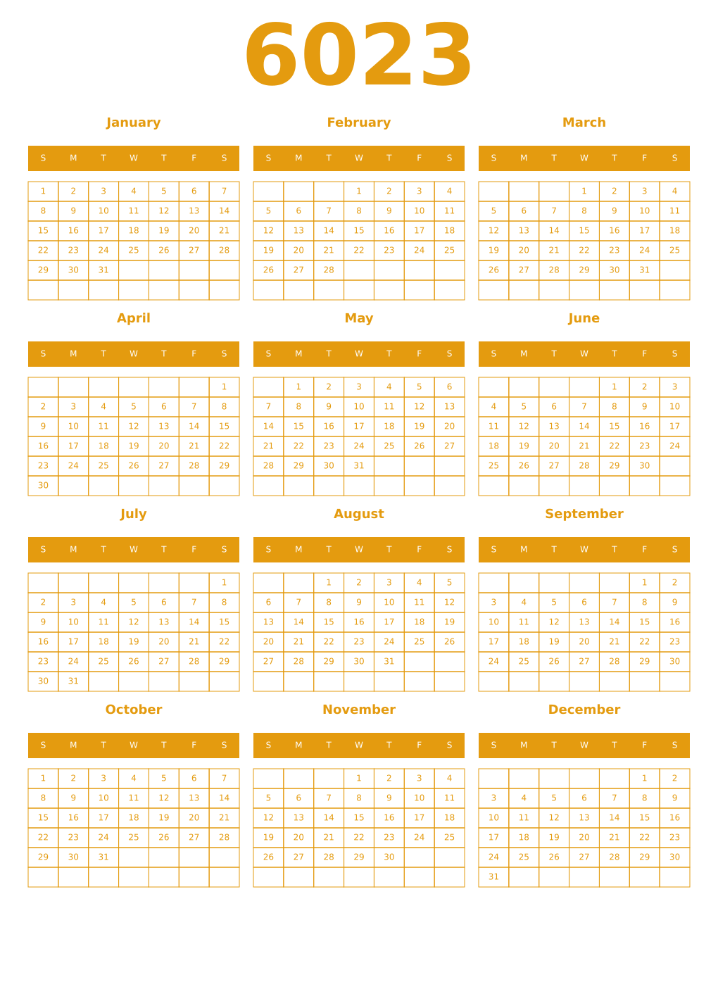 Printable 6023 Year Calendars gamboge