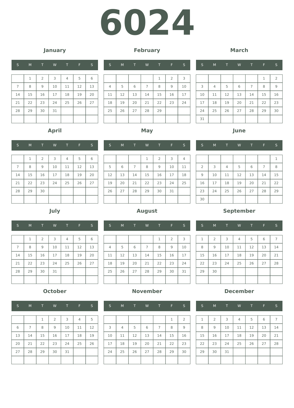 Printable 6024 Year Calendars feldgrau