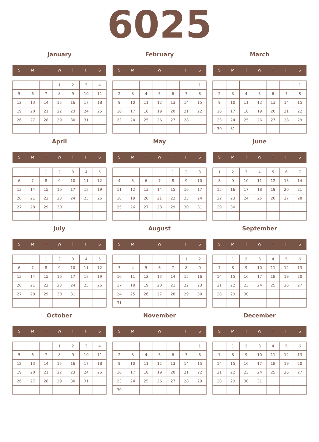Printable 6025 Year Calendars coffe