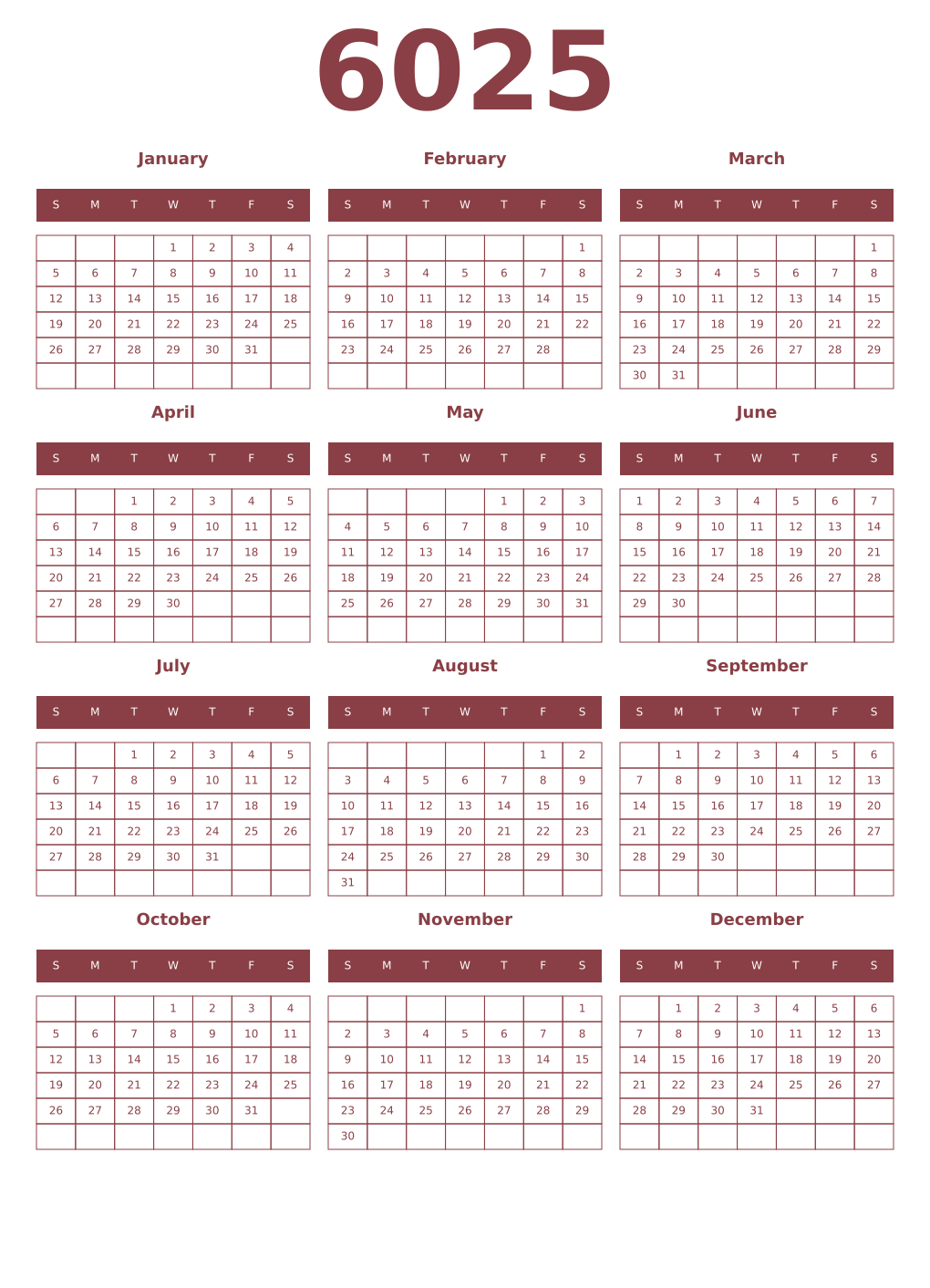 Printable 6025 Year Calendars cordovan