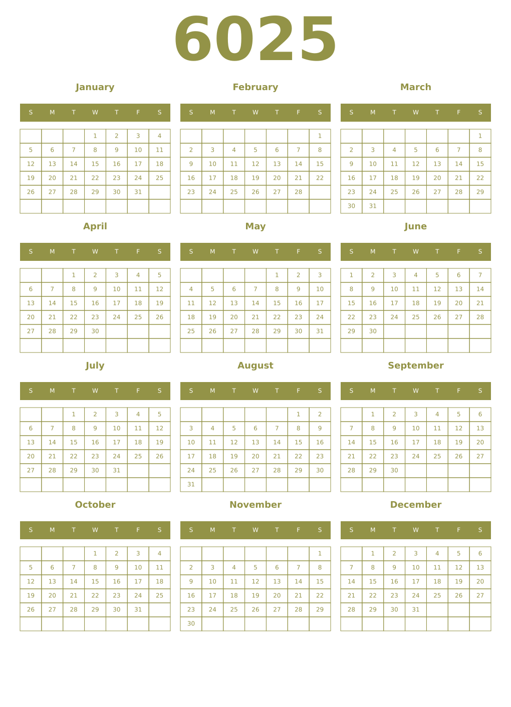 Printable 6025 Year Calendars eburnean