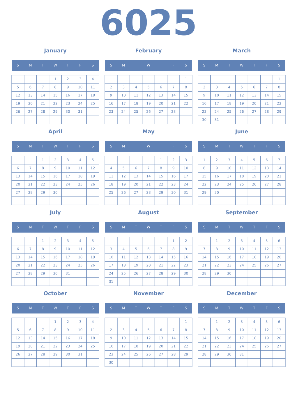 Printable 6025 Year Calendars glaucous