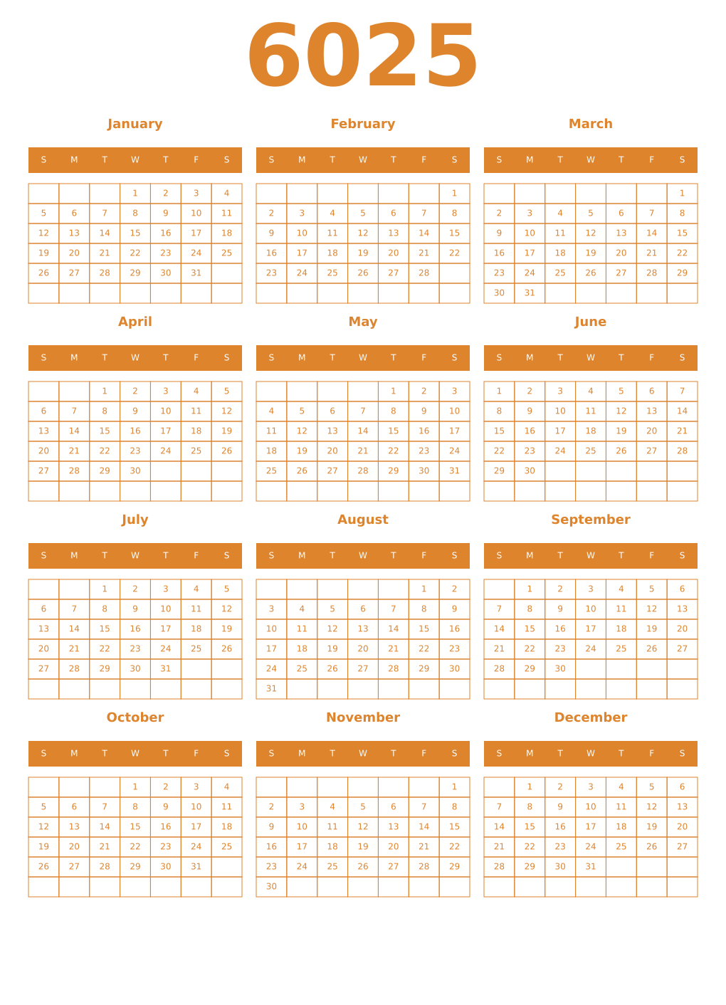 Printable 6025 Year Calendars orange