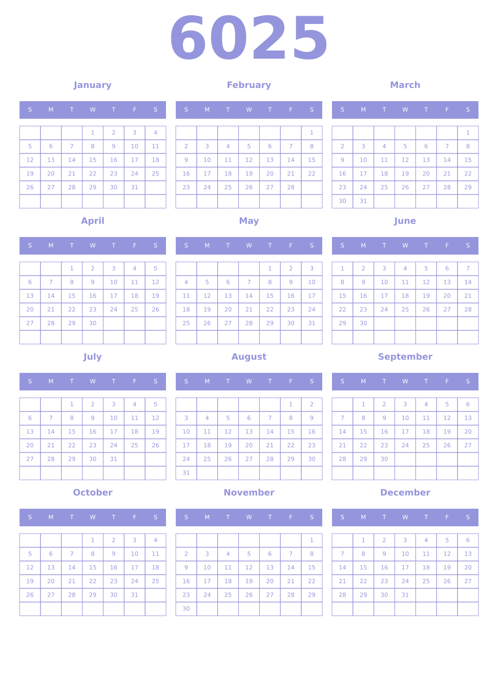 Printable 6025 Year Calendars periwinkle
