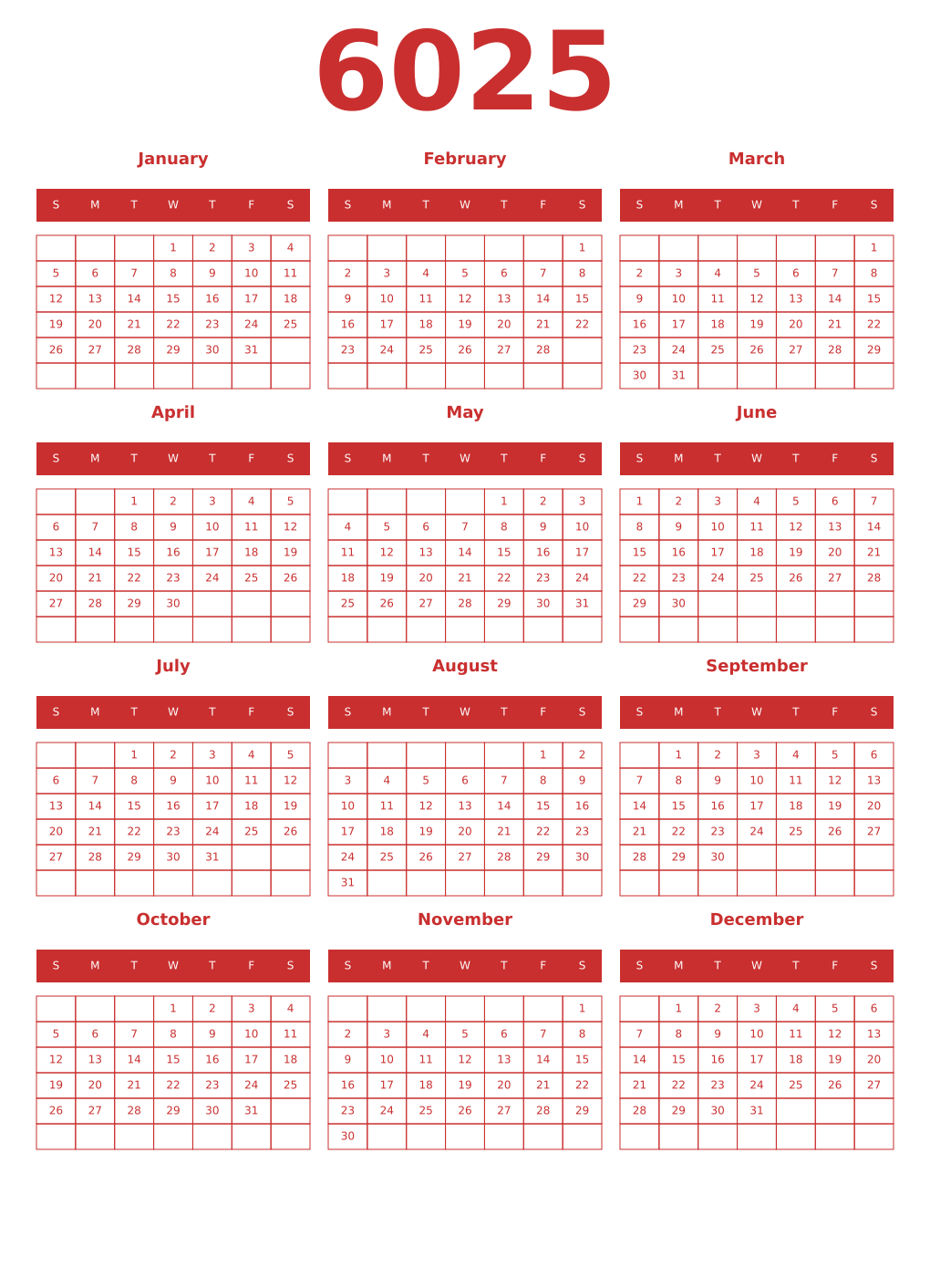Printable 6025 Year Calendars red