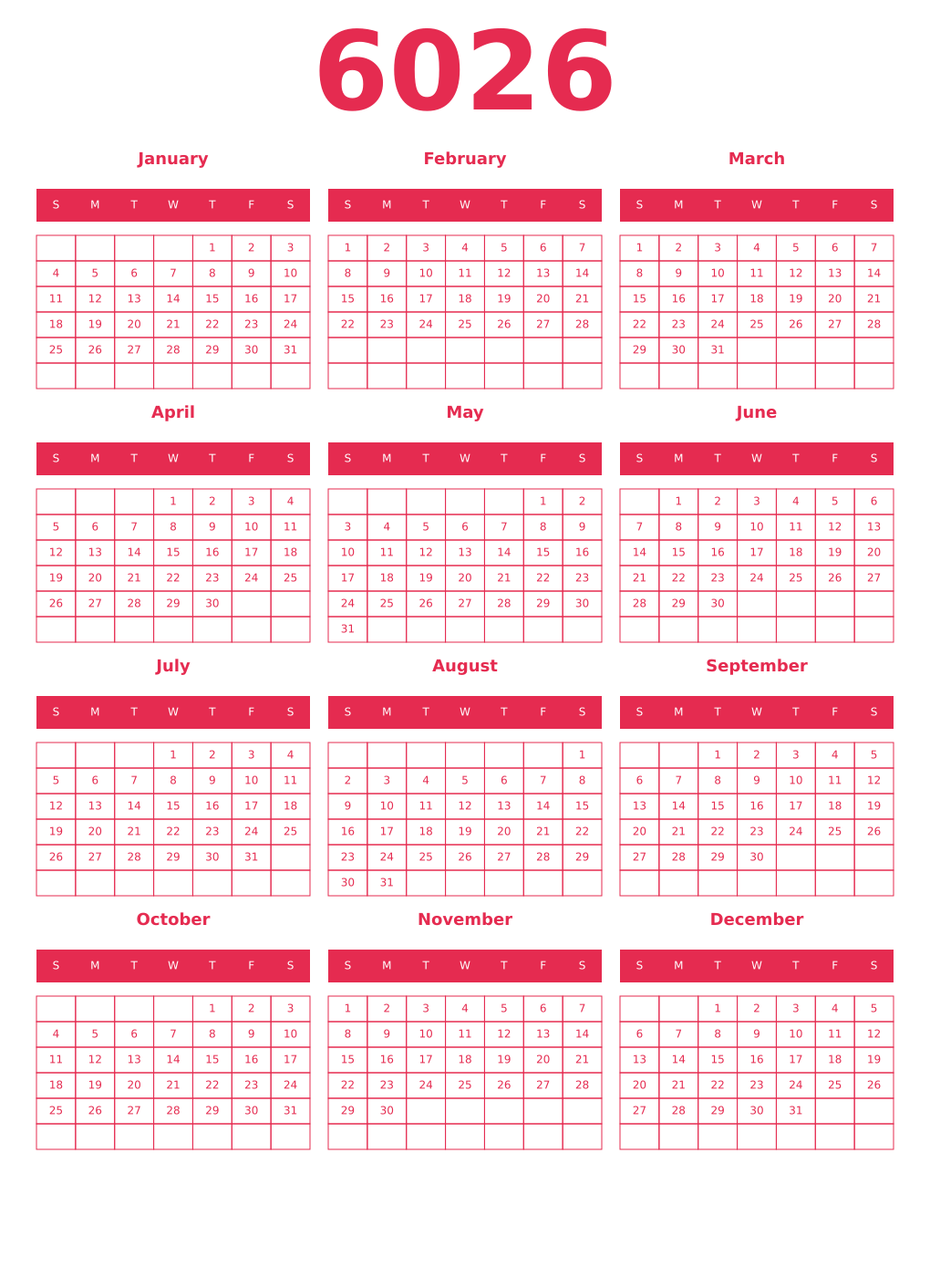 Printable 6026 Year Calendars amaranth