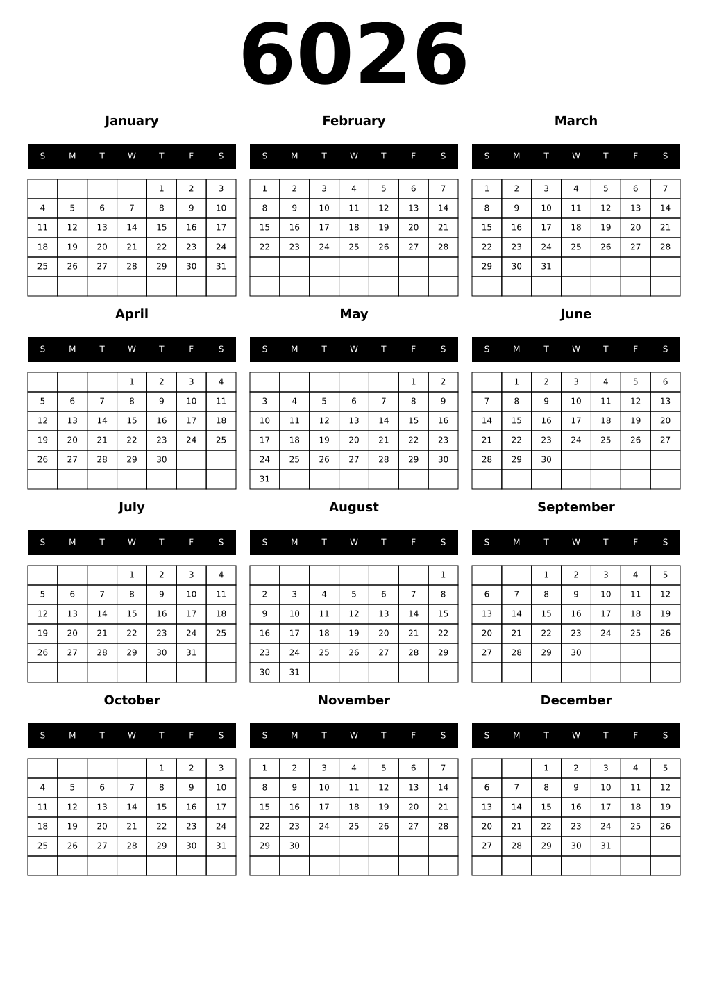 Printable 6026 Year Calendars black