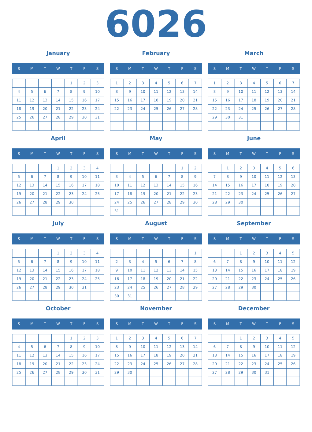 Printable 6026 Year Calendars blue