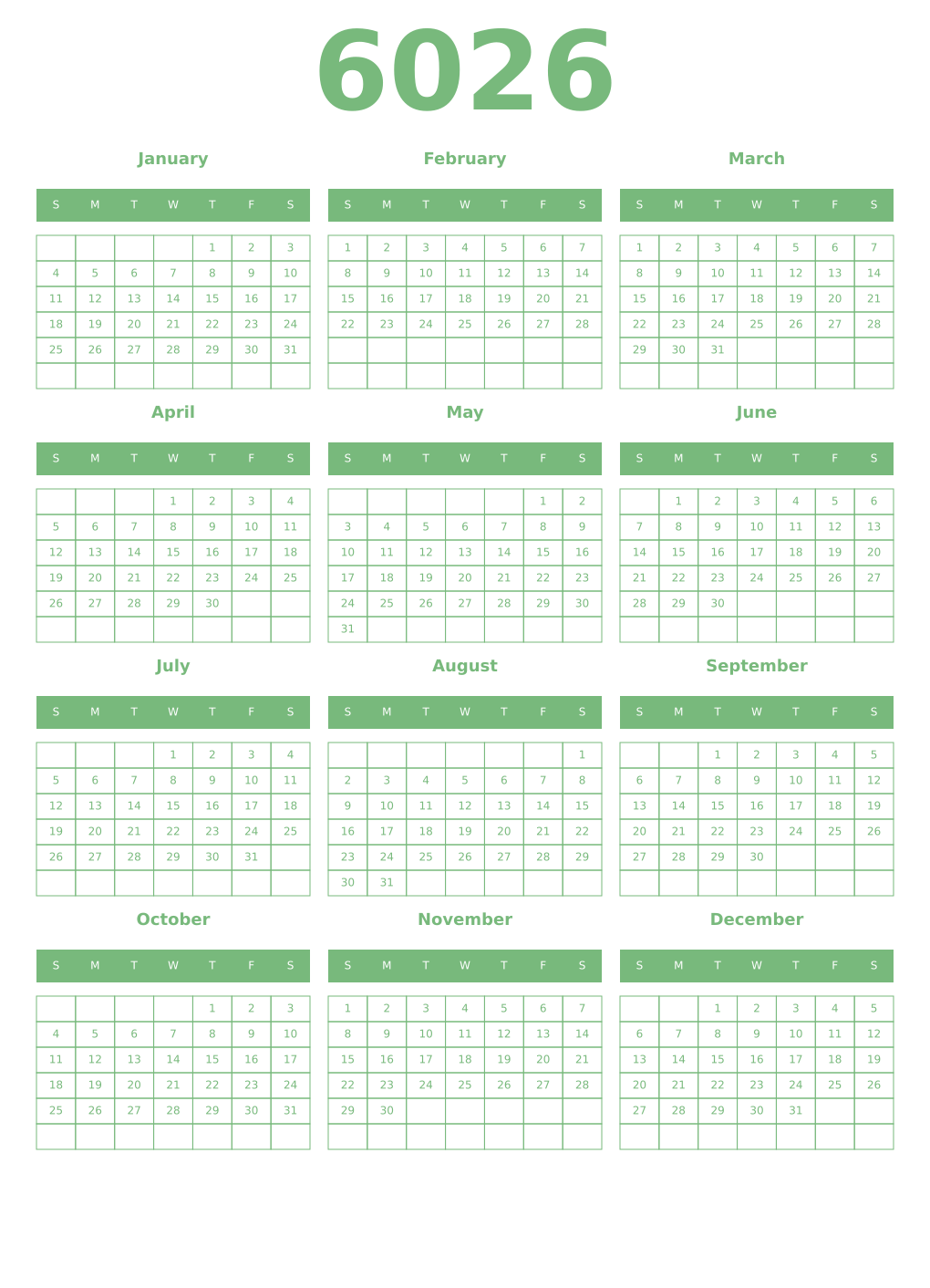 Printable 6026 Year Calendars celadon