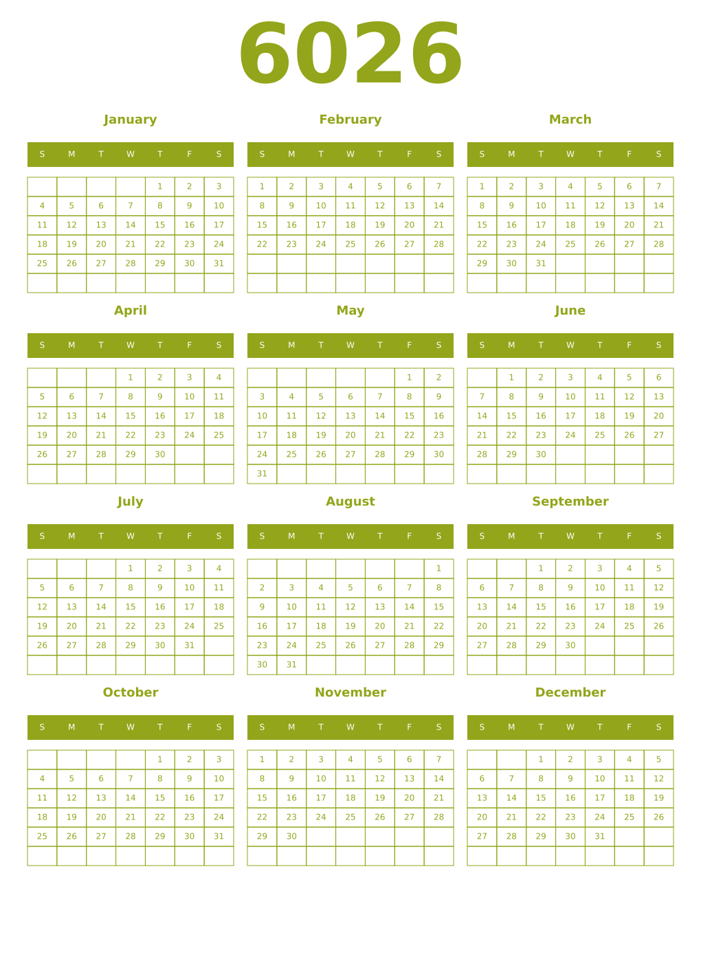Printable 6026 Year Calendars chartreuse