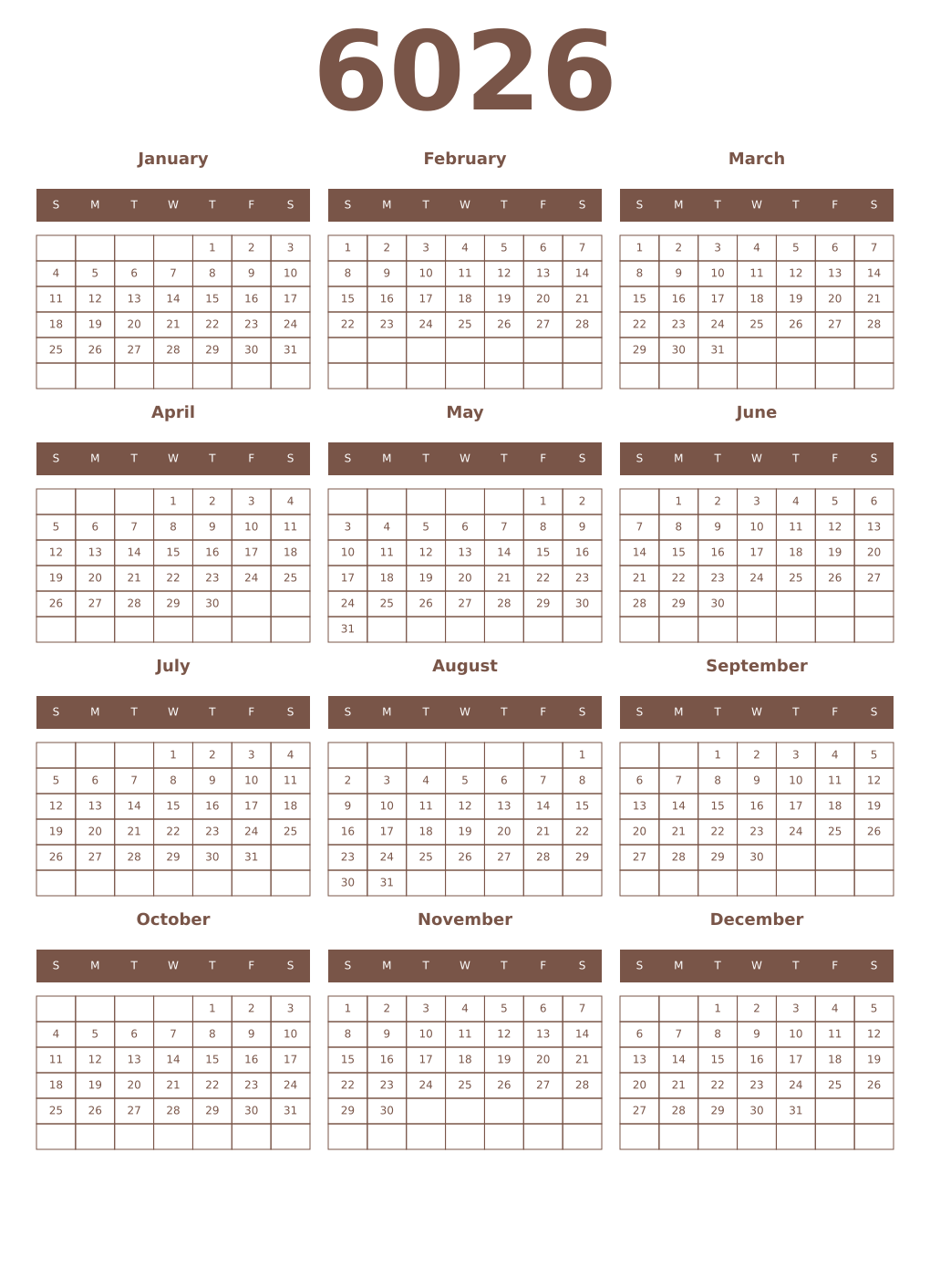 Printable 6026 Year Calendars coffe