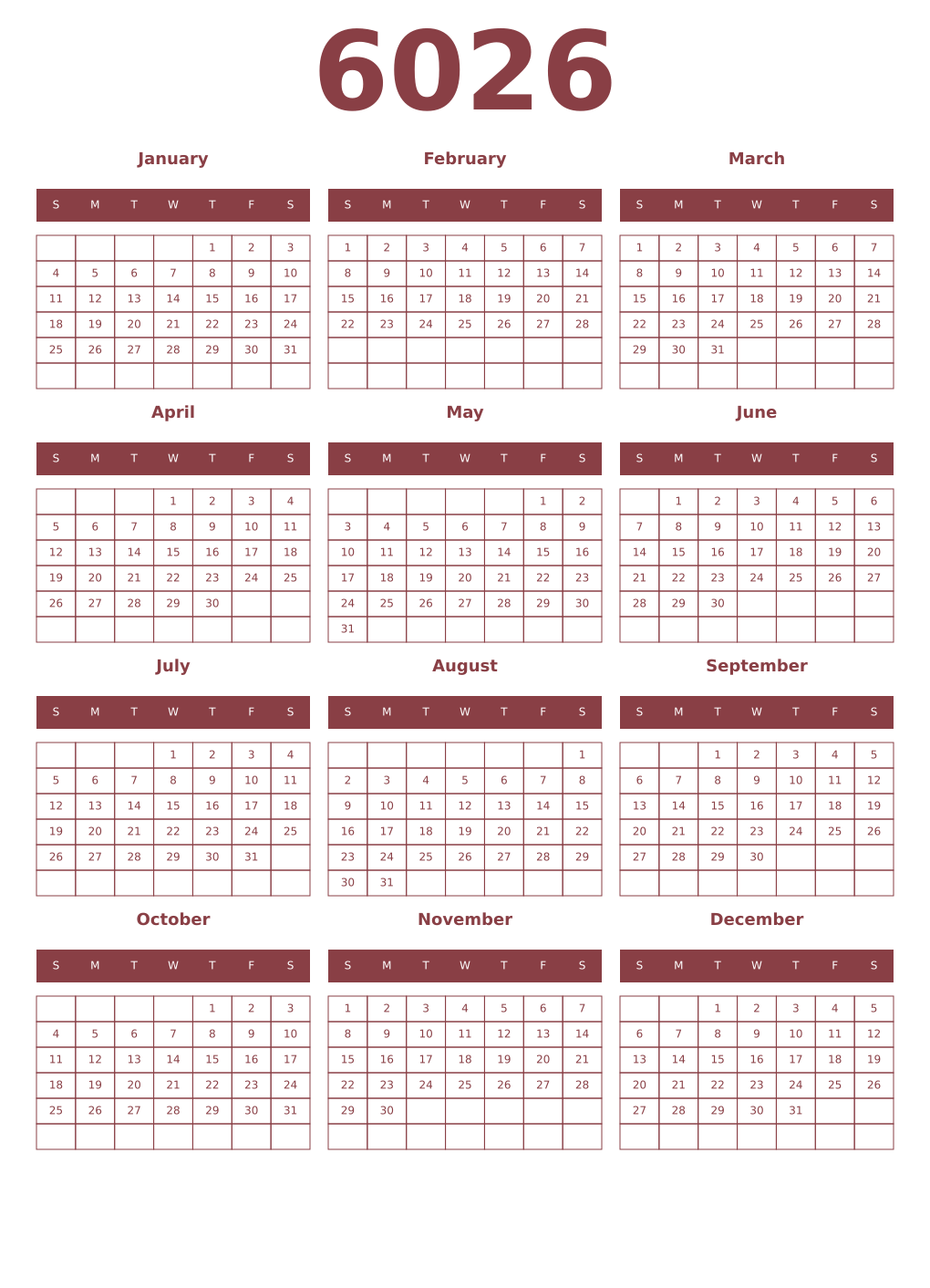 Printable 6026 Year Calendars cordovan
