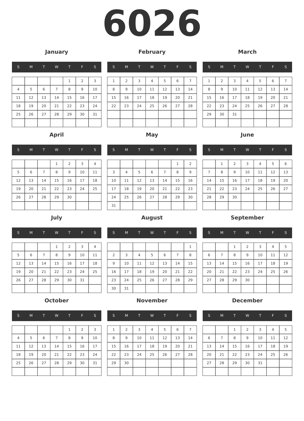 Printable 6026 Year Calendars dark