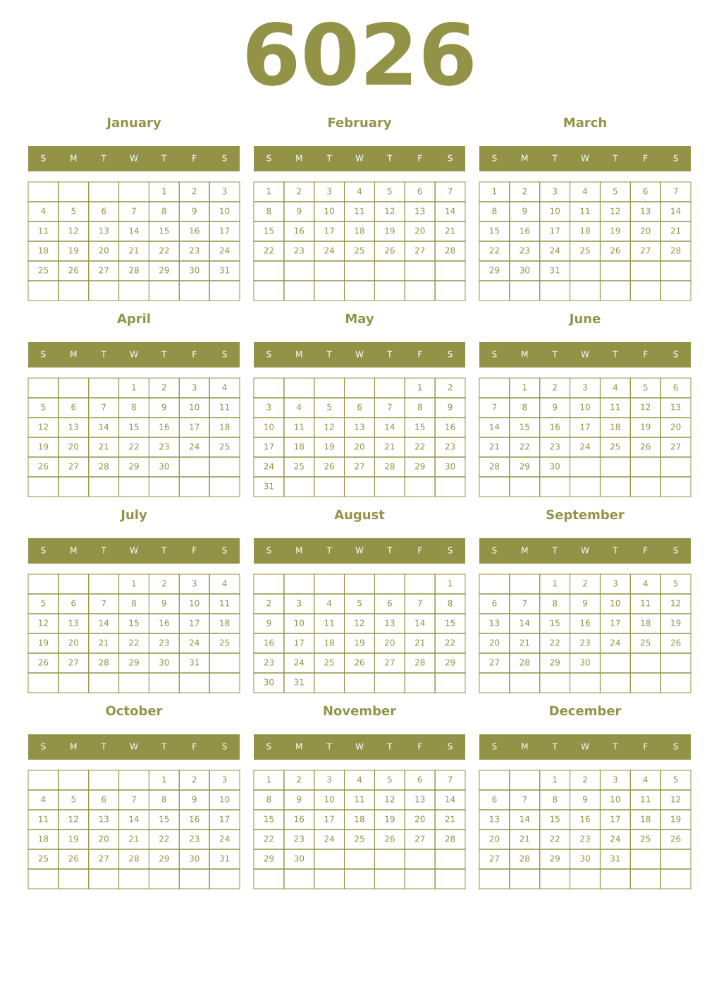 Printable 6026 Year Calendars eburnean