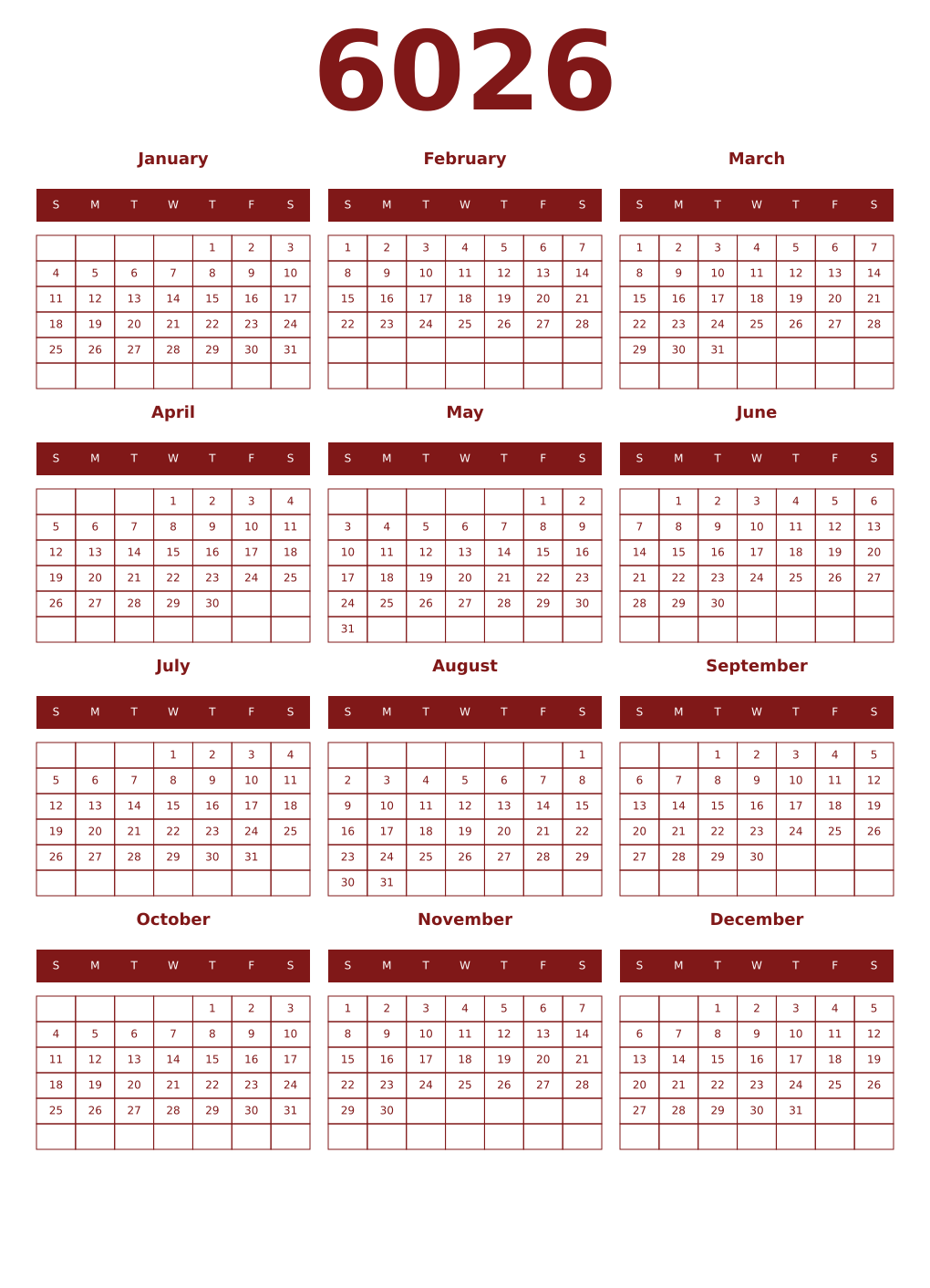 Printable 6026 Year Calendars falu