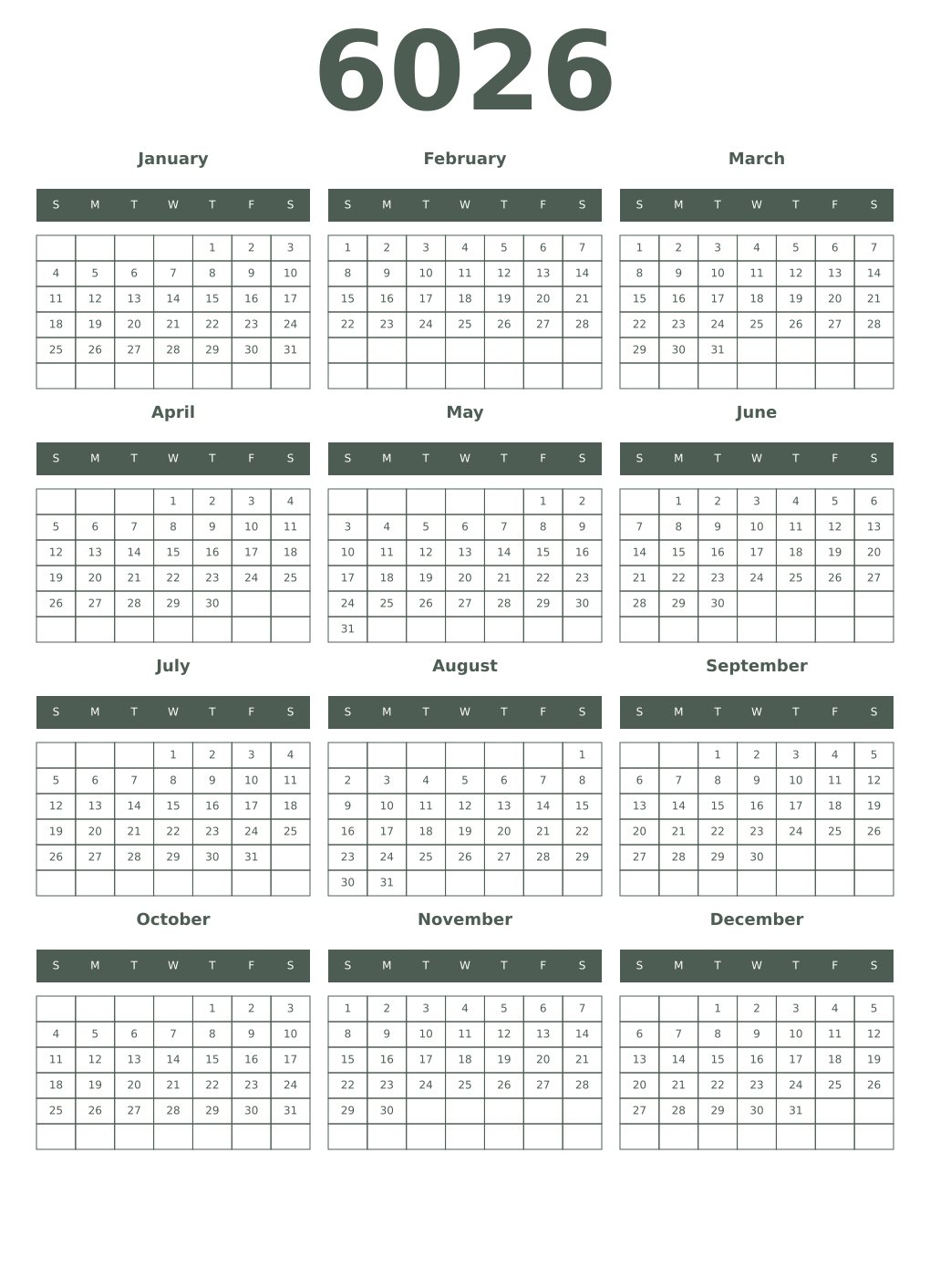 Printable 6026 Year Calendars feldgrau