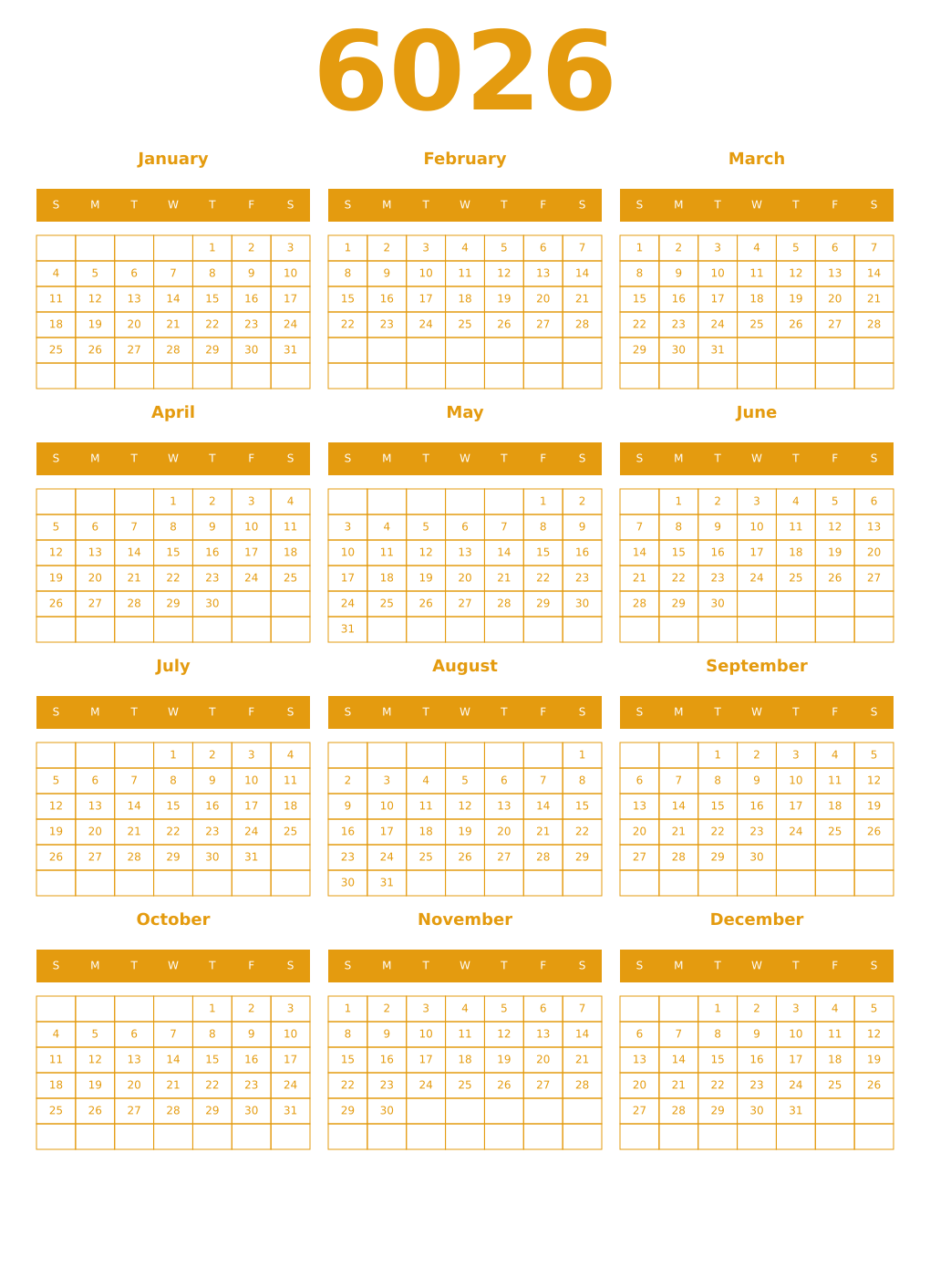 Printable 6026 Year Calendars gamboge