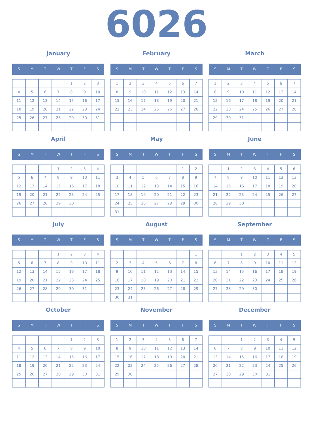 Printable 6026 Year Calendars glaucous