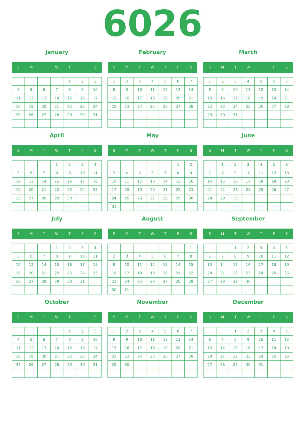 Printable 6026 Year Calendars green