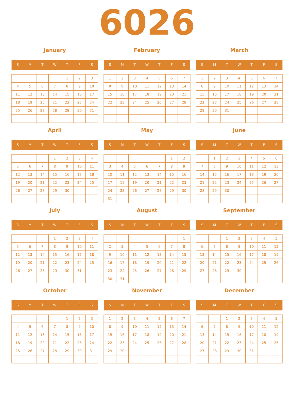 Printable 6026 Year Calendars orange