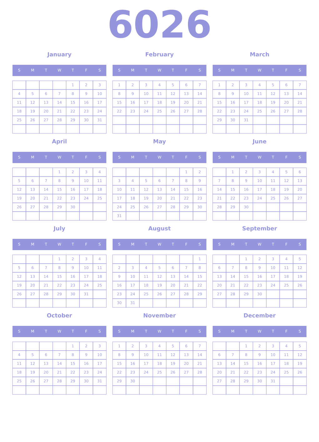Printable 6026 Year Calendars periwinkle