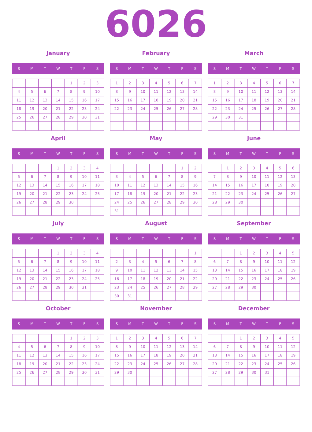 Printable 6026 Year Calendars purple