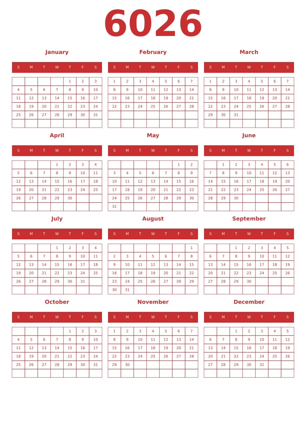 Printable 6026 Year Calendars red
