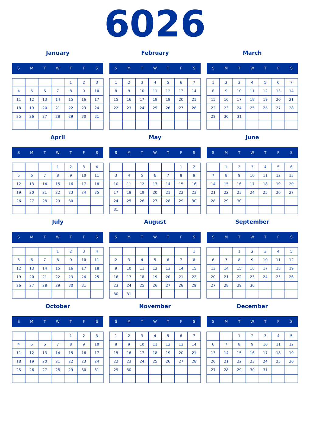 Printable 6026 Year Calendars smalt