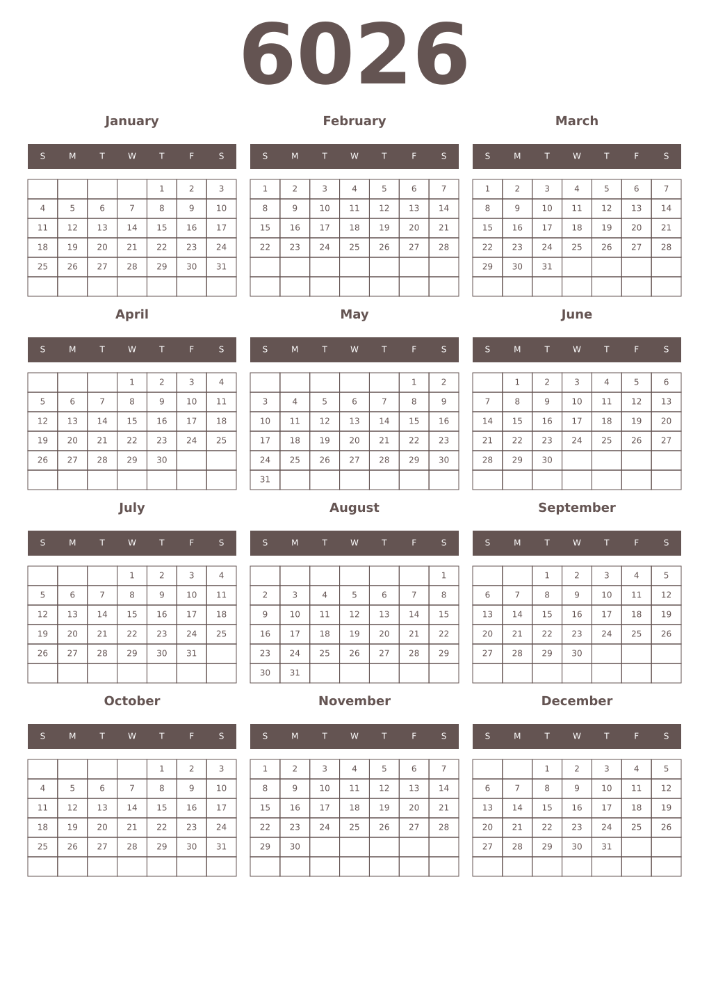 Printable 6026 Year Calendars wenge