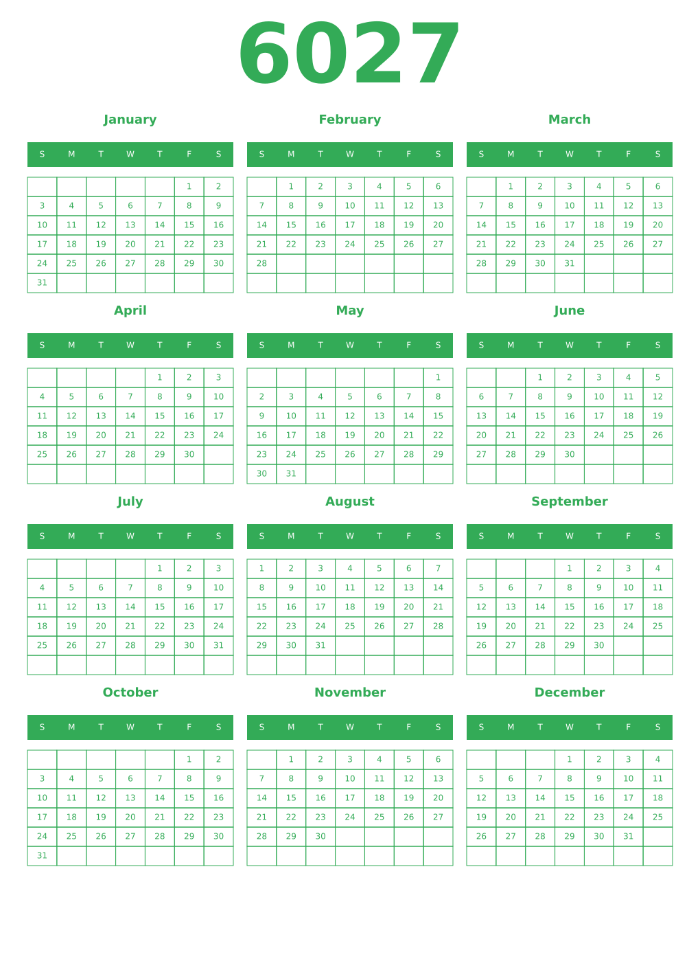 Printable 6027 Year Calendars green