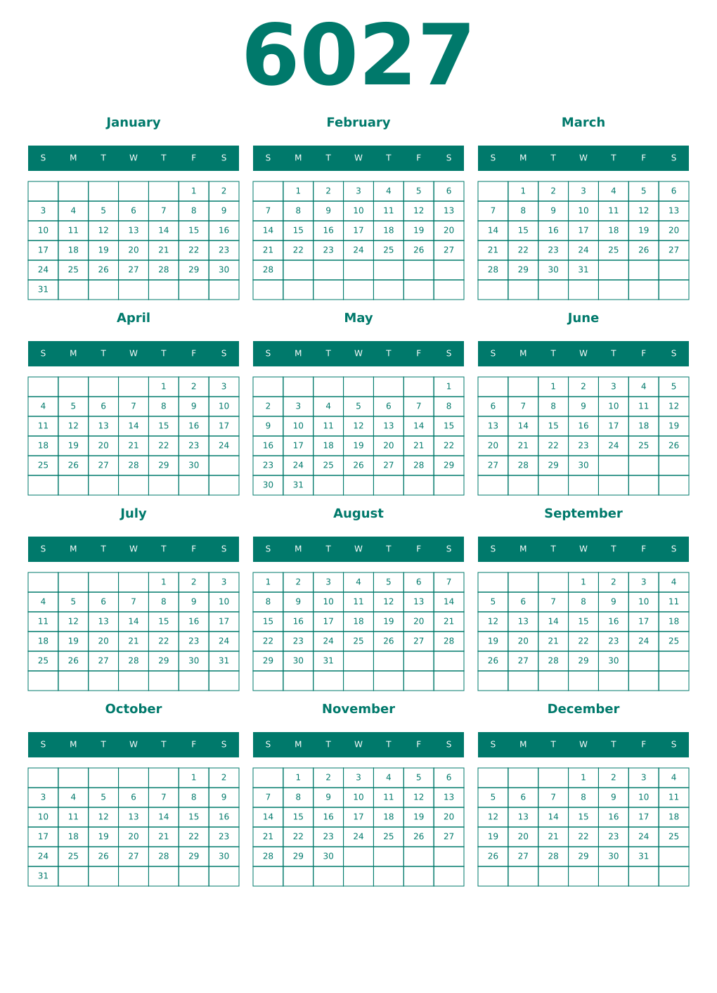 Printable 6027 Year Calendars pastel