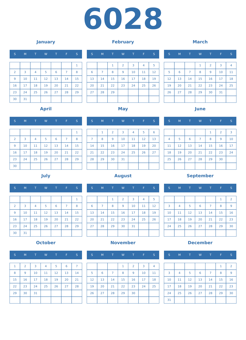 Printable 6028 Year Calendars blue